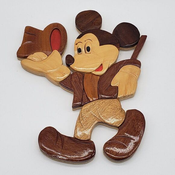Intarsia Wood Vintage 1980s Carved Mickey Mouse Top Hat & Cane Wall Hanging - Picture 2 of 15